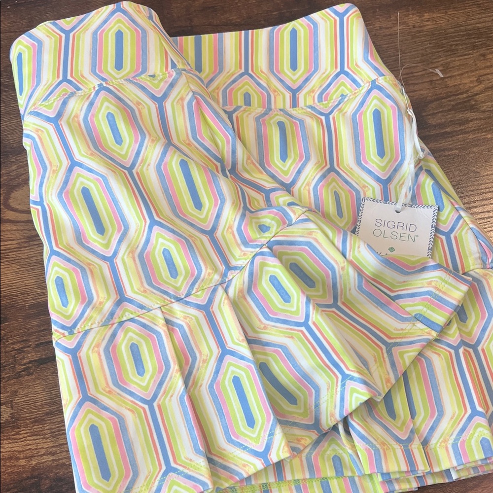 Sigrid Olsen Pastel Geometric Print Skort in Lime, Blue & Pink